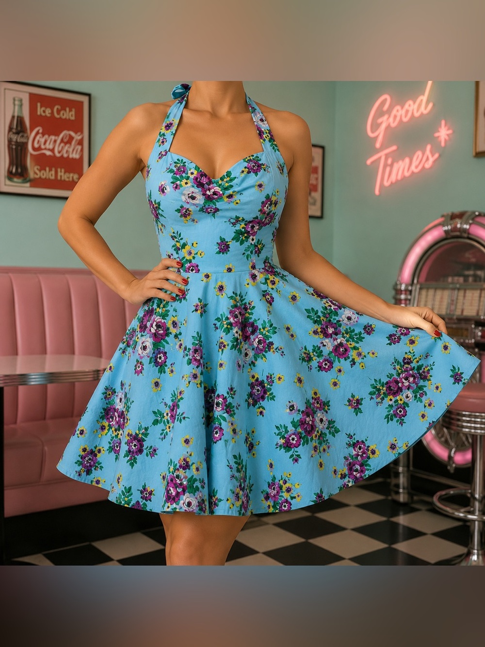 Hell Bunny Vixen Halter Pin Up Rockabilly Dress Retro Floral Women’s Small Blue